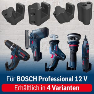 Könnte beinhalten: Eine Auswahl an schwarzen Montagehalterungen und Bosch 12V Elektrowerkzeugen, darunter ein Bohrer, eine Stichsäge, eine Säbelsäge und ein Rotationswerkzeug. Die Werkzeuge sind blau und schwarz mit roten Akzenten. Text: "Für BOSCH Professional 12 V Erhältlich in 4 Varianten."