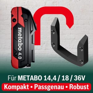 May include: A black and red battery pack with the text "metabo 4.0" and "LIHDX" printed on it. The battery pack is next to a black plastic hook. The text "Für METABO 14,4/18/36V" is printed below the battery pack and hook. The text "Kompakt. Passgenau • Robust" is printed below the text "Für METABO 14,4/18/36V".