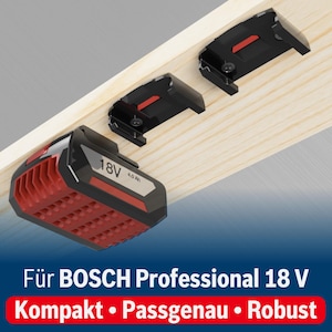 Op de afbeelding: Een rode en zwarte batterijlader voor Bosch Professional 18V gereedschap. De lader is gemonteerd op een houten oppervlak met twee zwarte beugels. De batterijlader is gelabeld "18V 4.0 Ah".