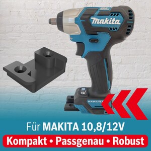 Może przedstawiać: Czarny plastikowy uchwyt montażowy do wkrętarki udarowej Makita 10,8/12V. Uchwyt jest zaprojektowany tak, aby był kompaktowy, wytrzymały i idealnie pasował do narzędzia. Wkrętarka udarowa jest niebieska i czarna z logo Makita na boku.