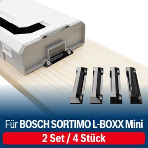 Peut inclure: Quatre clips en plastique noir pour fixer un Bosch Sortimo L-BOXX Mini à une surface. Le texte "Für BOSCH SORTIMO L-BOXX Mini 2 Set / 4 Stück" est imprimé sur un fond rouge.