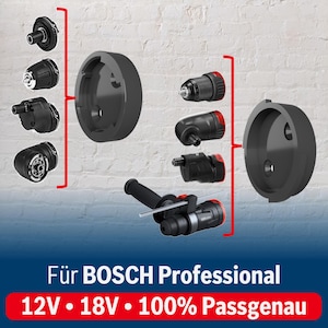 Könnte beinhalten: Ein Set aus schwarzen Elektrowerkzeug-Aufsätzen und zwei runden Montagehalterungen für Bosch Professional Werkzeuge. Der Text unten lautet: Für BOSCH Professional 12V 18V 100% Passgenau. Diese Komponenten umfassen verschiedene Bohrfutter.