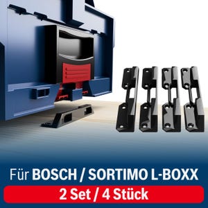 Könnte beinhalten: Vier schwarze Kunststoff-L-Boxx-Einsätze für Bosch oder Sortimo Werkzeugkisten. Die Einsätze sind so konzipiert, dass sie in das L-Boxx-System passen und zur Organisation von Werkzeugen und Zubehör beitragen. Der Text auf dem Bild lautet "Für BOSCH / SORTIMO L-BOXX 2 Set / 4 Stück".