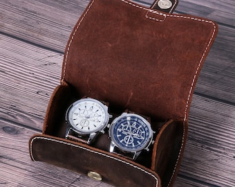 Personalized Leather Watch Case for 2 Watches, Handmade Travel Watch roll, Watch box Organizer, Genuine Leather Watch Roll,Groom Father Gift