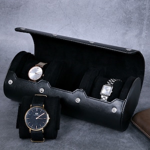 Custodia per orologi in pelle per 3 orologi, rotolo per orologi da viaggio fatto a mano, organizer per scatola porta orologi nera, custodia porta orologi, regalo per lo sposo 2025, regalo per la festa del papà