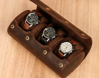 Caja de reloj de cuero personalizada para 3 relojes, rollo de reloj de viaje hecho a mano, organizador de caja de reloj, rollo de reloj de cuero genuino, regalo de Navidad