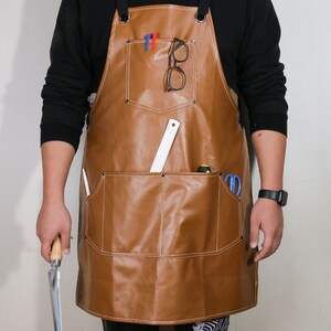 Leather Woodworking Apron with Multi-Pocket, Butcher Apron for Bartender Men, Adjustable Leather Chef Apron for BBQ, Gardener, Hairdresser
