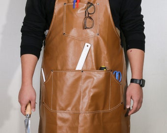 Leather Woodworking Apron with Multi-Pocket, Butcher Apron for Bartender Men, Adjustable Leather Chef Apron for BBQ, Gardener, Hairdresser