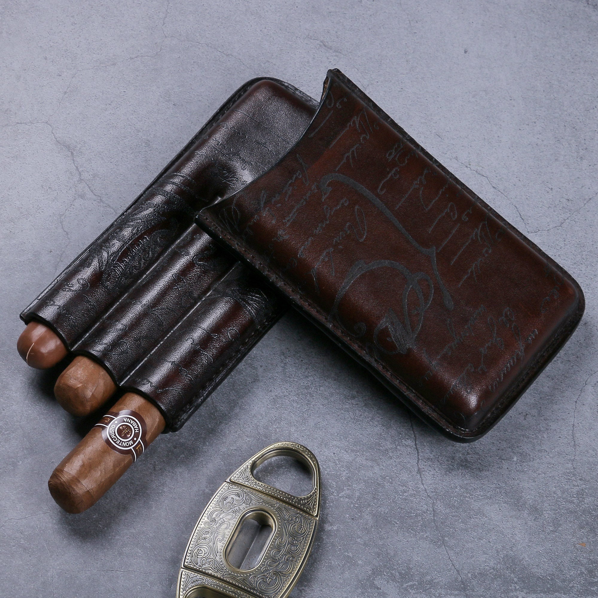 Vintage Leather Cigars Case Cigar Travel Case 3 Tubes 