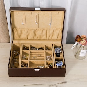Scatola portagioielli di grande capacità, grande organizer per gioielli da donna e ragazza, scatola portagioielli in pelle, portagioielli da viaggio, regalo fatto a mano per lei.