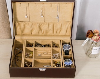 Sieradenopbergdoos met grote capaciteit, grote sieradenorganisator voor dames, meisjes, leren sieradendoos, reissieradenhouder, handgemaakt cadeau voor haar