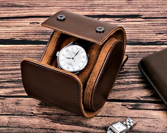 Enkele leren horlogekast - horlogerol voor heren, handgemaakte horlogerol single, armbandopslag, 2022 cadeau bruidegom vader, horloge reisdooshouder