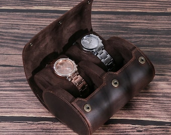 Gepersonaliseerde leren horlogekast voor 2 horloges, handgemaakte reishorlogerol, horlogedoosorganizer, echt leren horlogerol, cadeau voor vader
