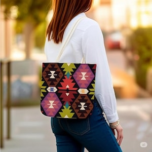 Handmade Cotton Tote Bag: Boho Geometric Tribal Pattern