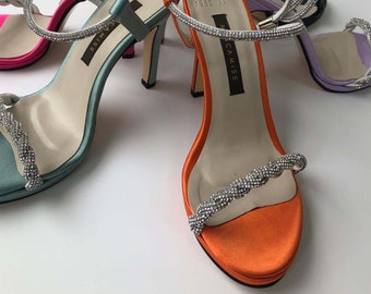 Sandale en satin orange, sangle de cheville, talons pointus, talons hauts de mariée en cuivre, escarpins de mariage, talons de mariage, chaussures de demoiselles d’honneur, chaussures de bande