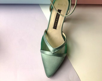 Wedding Shoes, Green Satin Shoes, Elegant Wedding Shoes, Special Design Shoes, Tulle Detailed Wedding Shoes, Green Wedding Shoes, Shoe Model