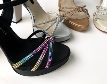 Black Colourful  Platform for Women, Wedding Sandals, Handmade Thick Comfortable Heels, Bridal High Heelsİ Block Heels, Wedding Shoes, Rocky