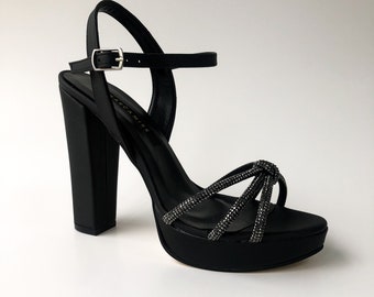 Black Sandals Platform for Women, Unique Shoes Design, thick comfortable heels, Bridal heels for brides, Wedding dress shoes, Block heels