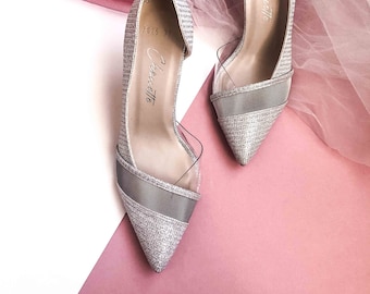 Chaussures Stiletto argentées, talons de mariage élégants, chaussures design personnalisées, chaussures de détail en tulle, chaussures de mariée glamour, chaussures pour occasions spéciales