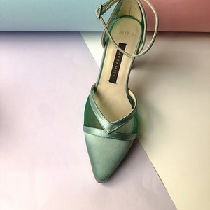 Wedding Shoes, Green Satin Shoes, Elegant Wedding Shoes, Special Design Shoes, Tulle Detailed Wedding Shoes, Green Wedding Shoes, Shoe Model