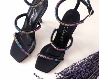 Black- Colourful Romantic Heels Bridal Sandals, Wedding Stone sandals, Bridal High Heel, Ankle strap, Wedding Pumps, Colourful Special Heels