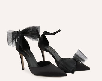 Chaussures à talons hauts de mariage noir, escarpins de mariée décontractés, chaussures de mariée à nœud de remorquage pointu, chaussures de mariage noires pour talons de mariée, chaussures Stiletto taille 8