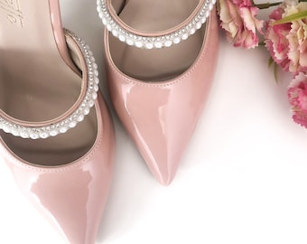 Blush Pink Pearl Stripes Stiletto, Pumps for women, Pearl for Wedding, Wedding Bridal shoes, Bridal High heels, Wedding Pumps, Ankle strap
