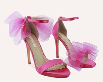 Fuchsia Satin Wedding Heels, Pink Bride Platform Shoes, Pointed Tor Bridal Sandals, Pumps for Women, Ankle Strap Evening Heels, Bridesmaids