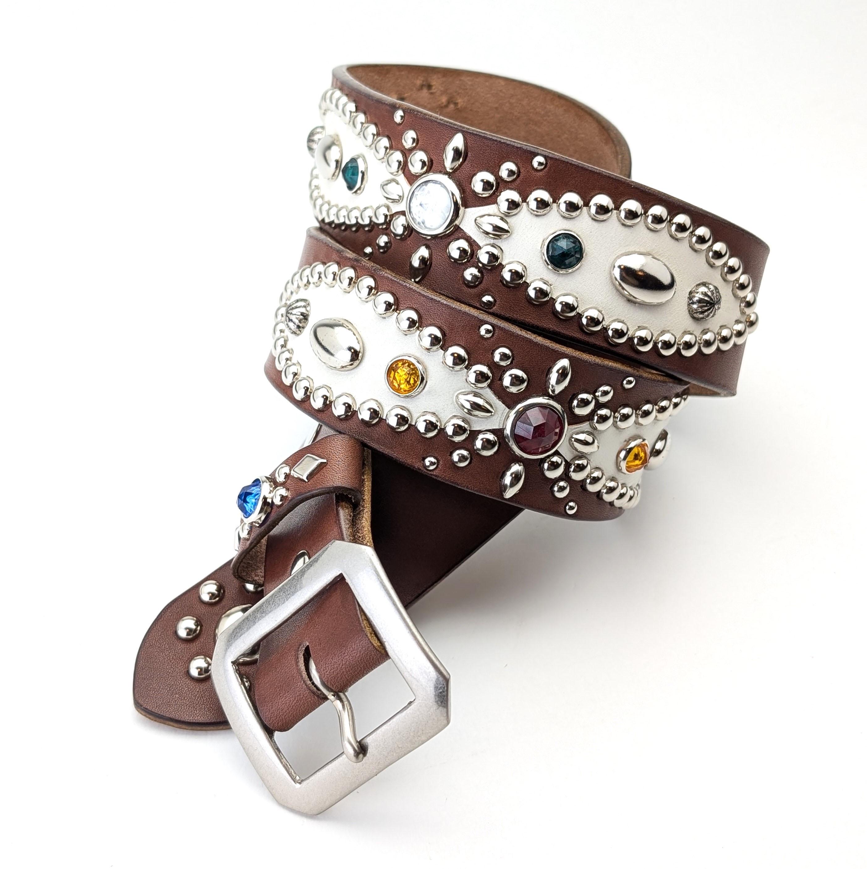 VTG BUCKLE 2” LEATHER BELT STUDDED WESTERN ROCK BIKER BROWN BRASS WAIST: 30”-35” 1 1/2 main image 4