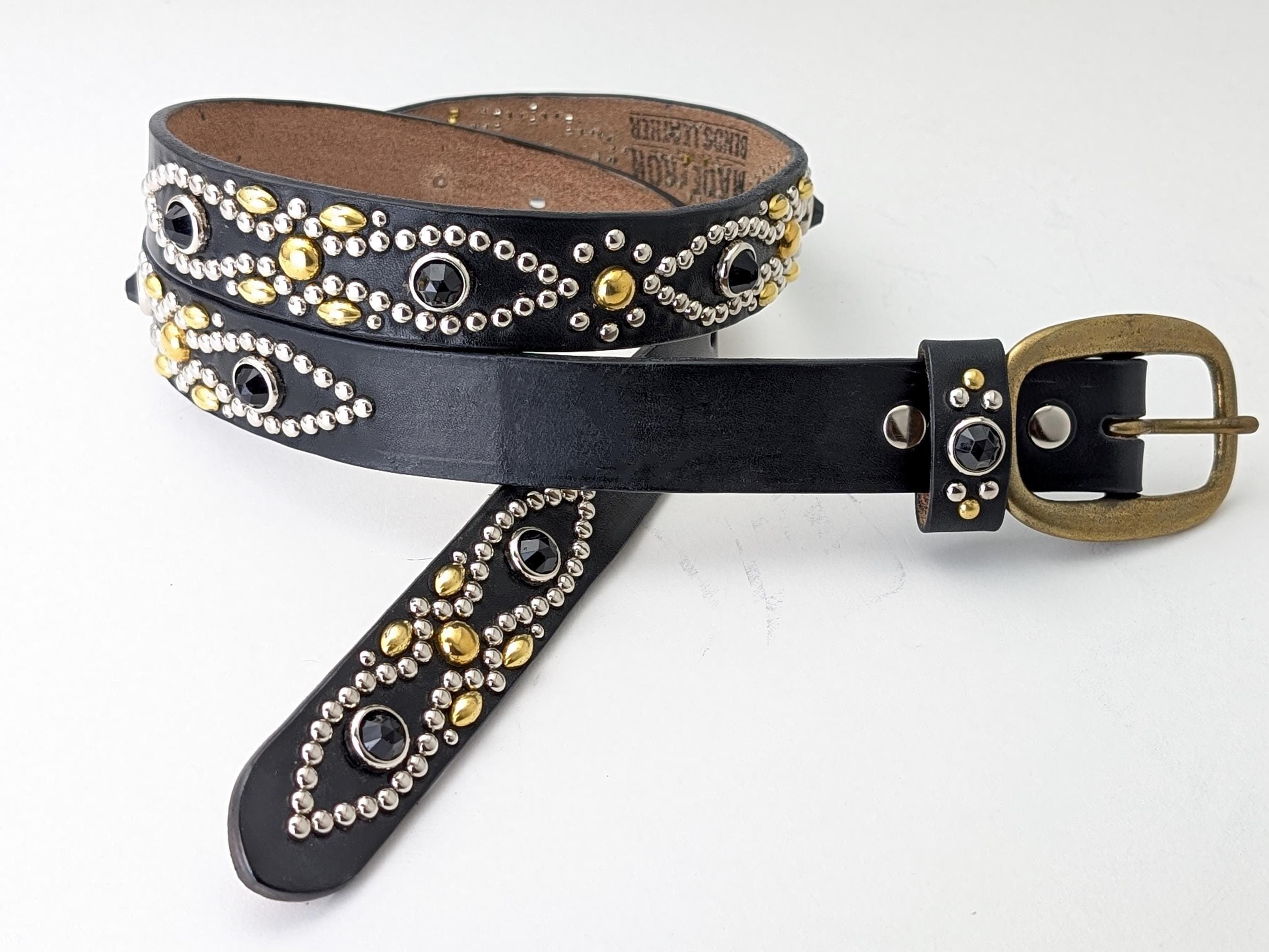Handmade Black Leather Studded Belt 1.15in Vintage Western Handmade Black Leather Studded Belt 1.15in Vintage Western