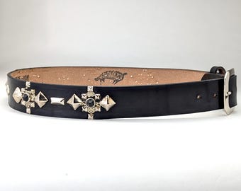 Handmade Black Leather Studded Belt Vintage Western Style Handmade Black Leather Studded Belt Vintage Western Style