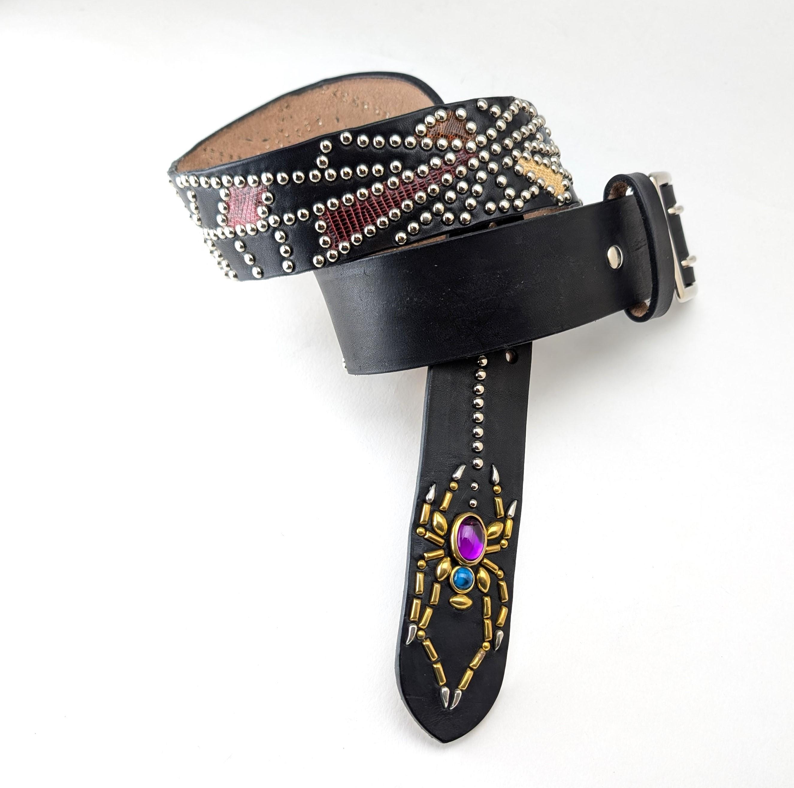 Handmade Black Genuine Leather Studded Belt With Spider and Handmade Black Genuine Leather Studded Belt With Spider and