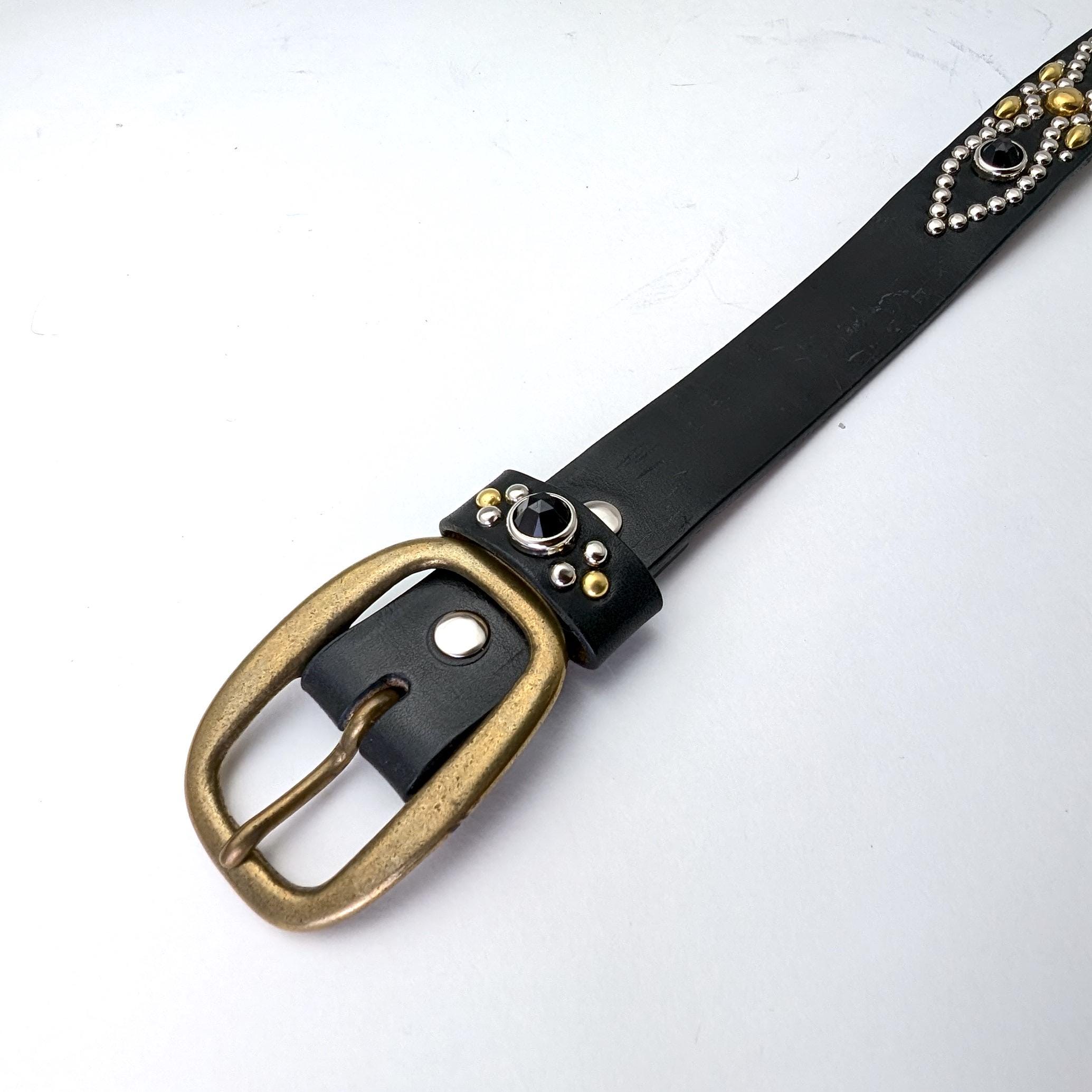 Handmade Black Leather Studded Belt 1.15in Vintage Western Handmade Black Leather Studded Belt 1.15in Vintage Western