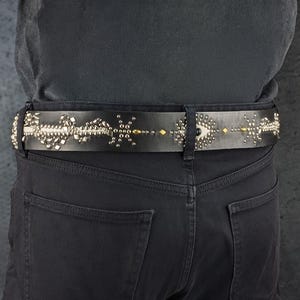 Black Studded Leather Belt Snake & Sword Motif Western Biker Style Custom Size Handmade in Japan