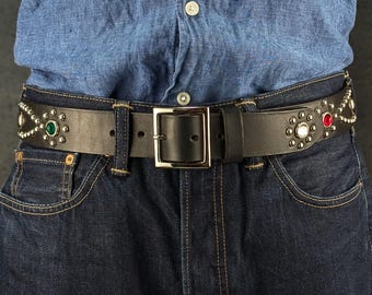 Black Studded Leather Belt for Men, Western Studded Belt, Full