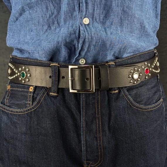Black Studded Leather Belt for Men, Western Studded Belt  display picture 1