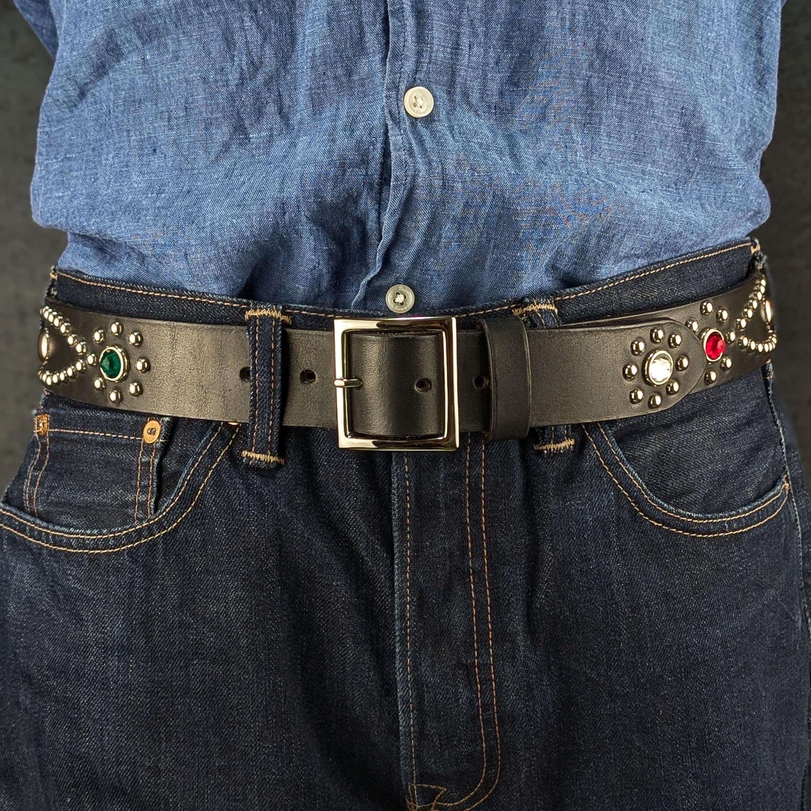 Black Studded Leather Belt for Men, Western Studded Belt, Full