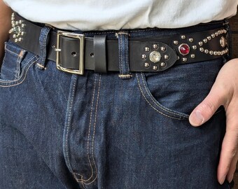 Black Studded Leather Belt for Men, Western Studded Belt, Full