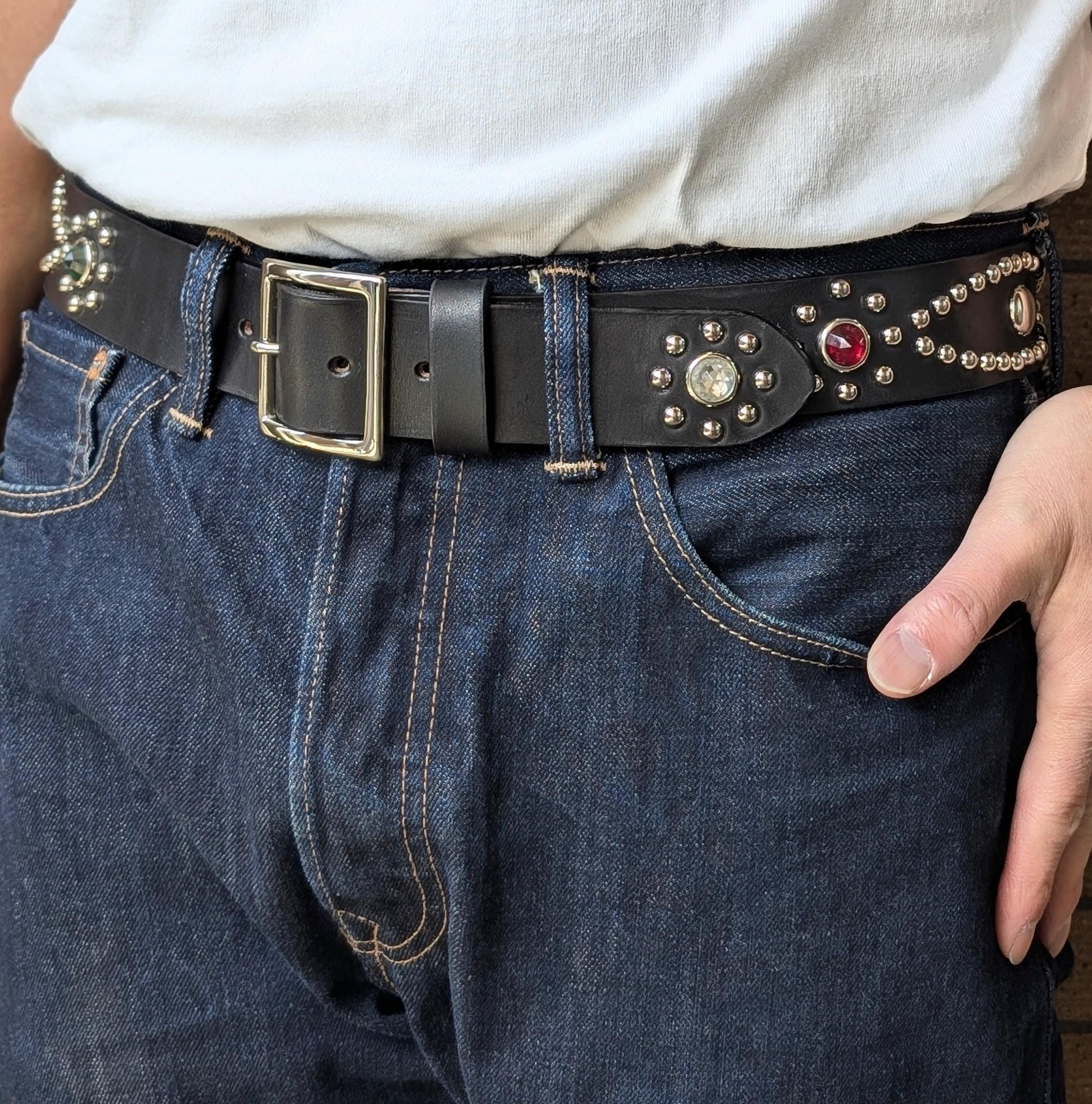 Black Studded Leather Belt for Men, Western Studded Belt, Full
