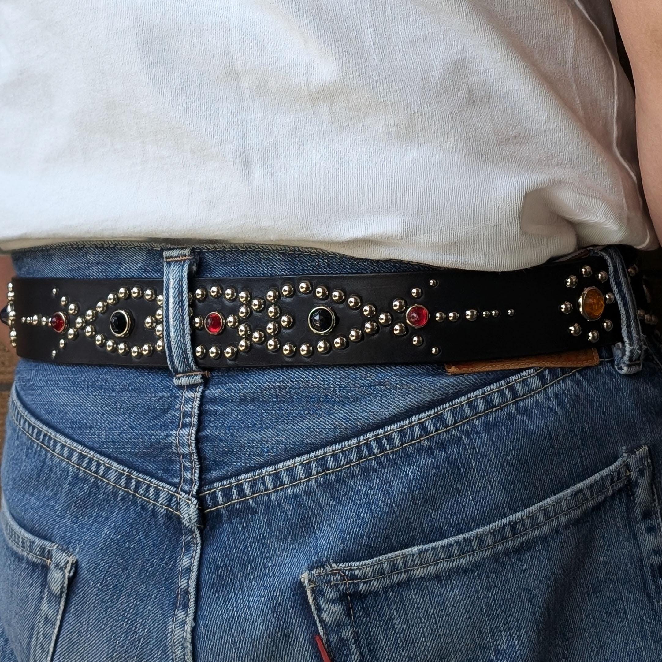 35mm Western Leather Belt with Studded Silver Buckle, Full Grain Vintage Western Leather Belt Tooled Stitched Embossed Strap  main image 3