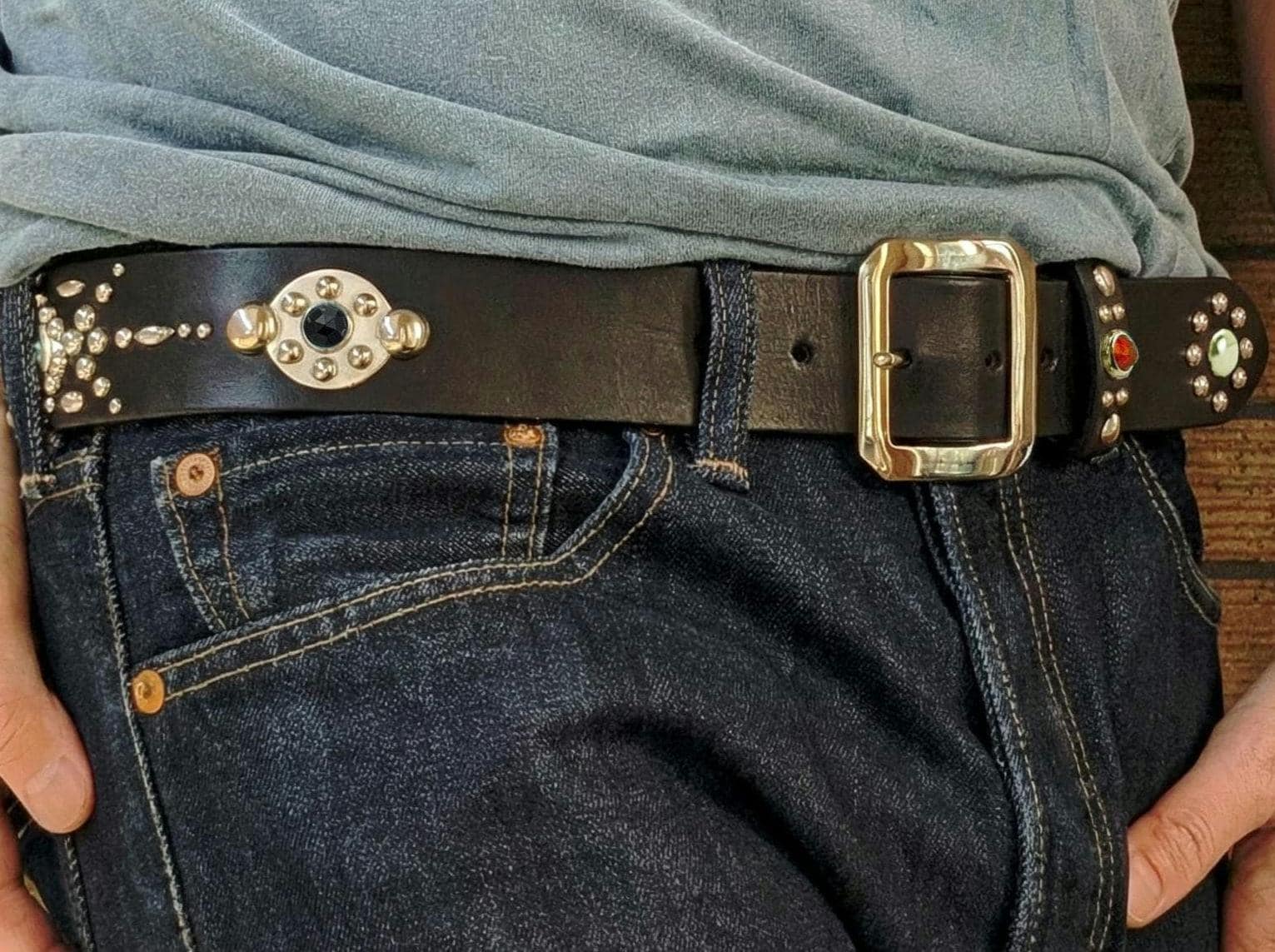Black Studded Leather Belt, Western Studded Belt, Full Grain