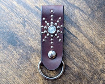 Dark Brown Studded Leather Keychain Strap, Handmade Key Fob
