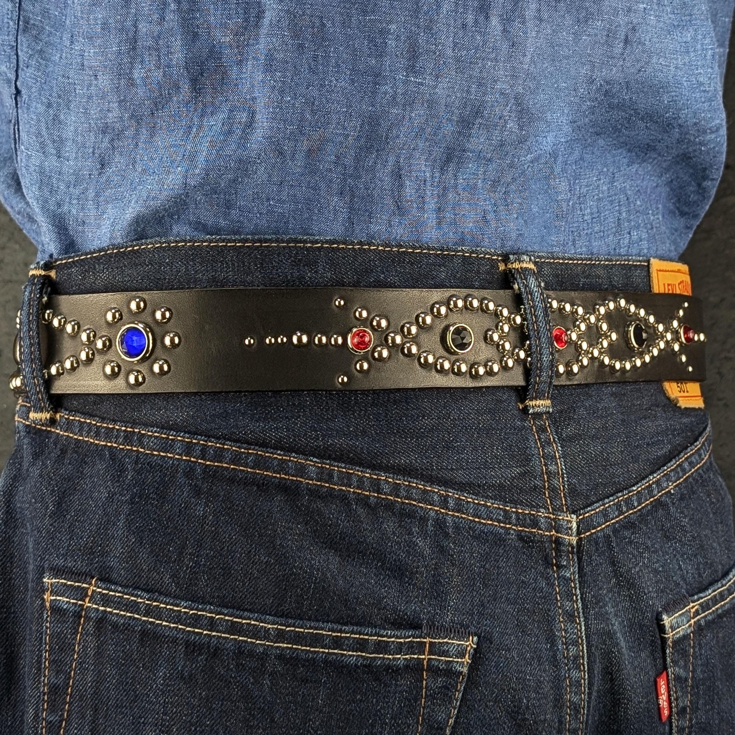 Black Studded Leather Belt for Men, Western Studded Belt, Full