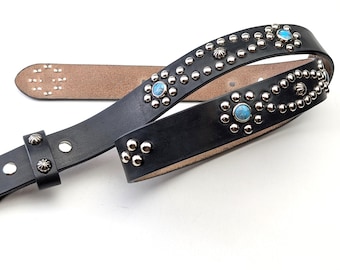 Handmade Black Leather Studded Belt-02 30mm Vintage Western Style Solid Brass Buckle Japan Punk Rock Western Made in Japan