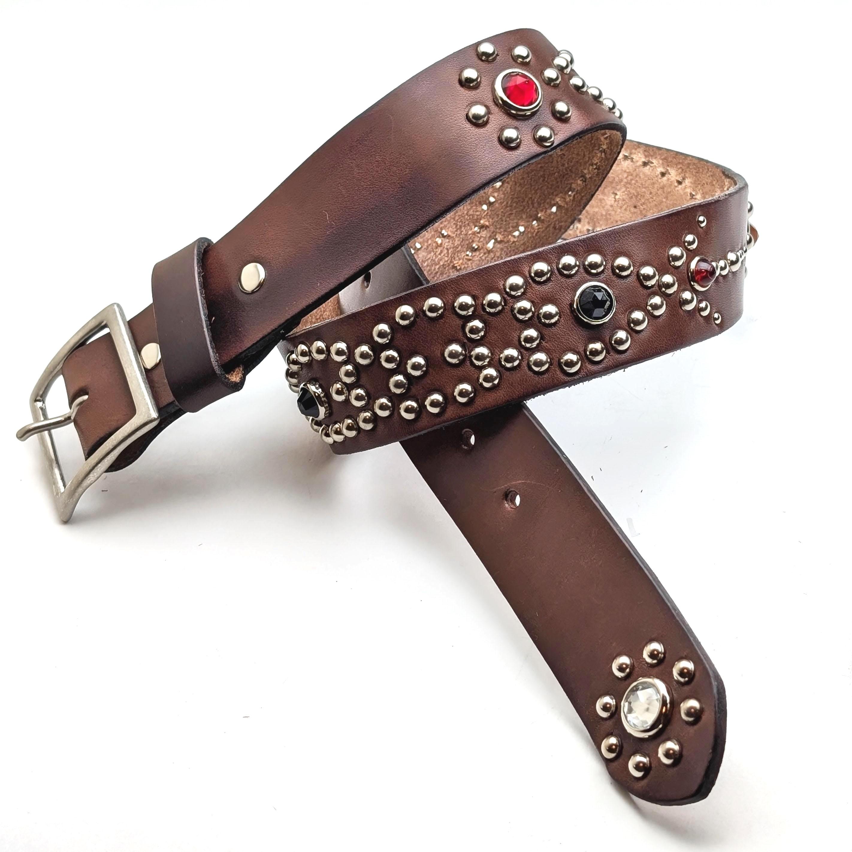 Western Brown Leather Belt with Ornate Buckle, Studs and Hides Handmade Studded Western Belt Dark Brown 02 Mens Custom Size  main image 3