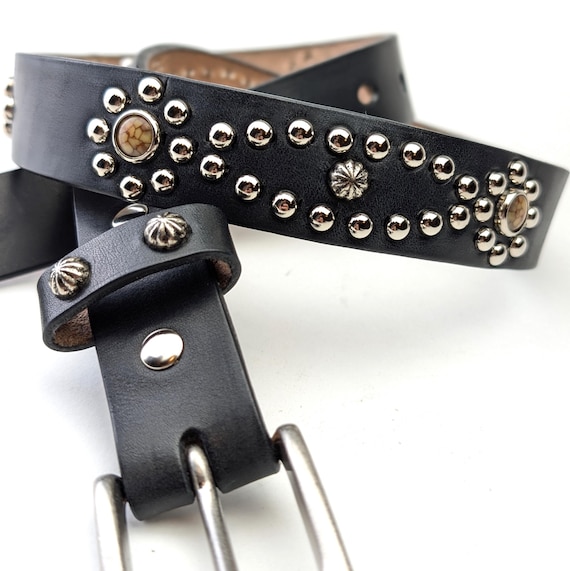 Handmade Black Leather Studded Belt 02 Western Style 30mm Custom