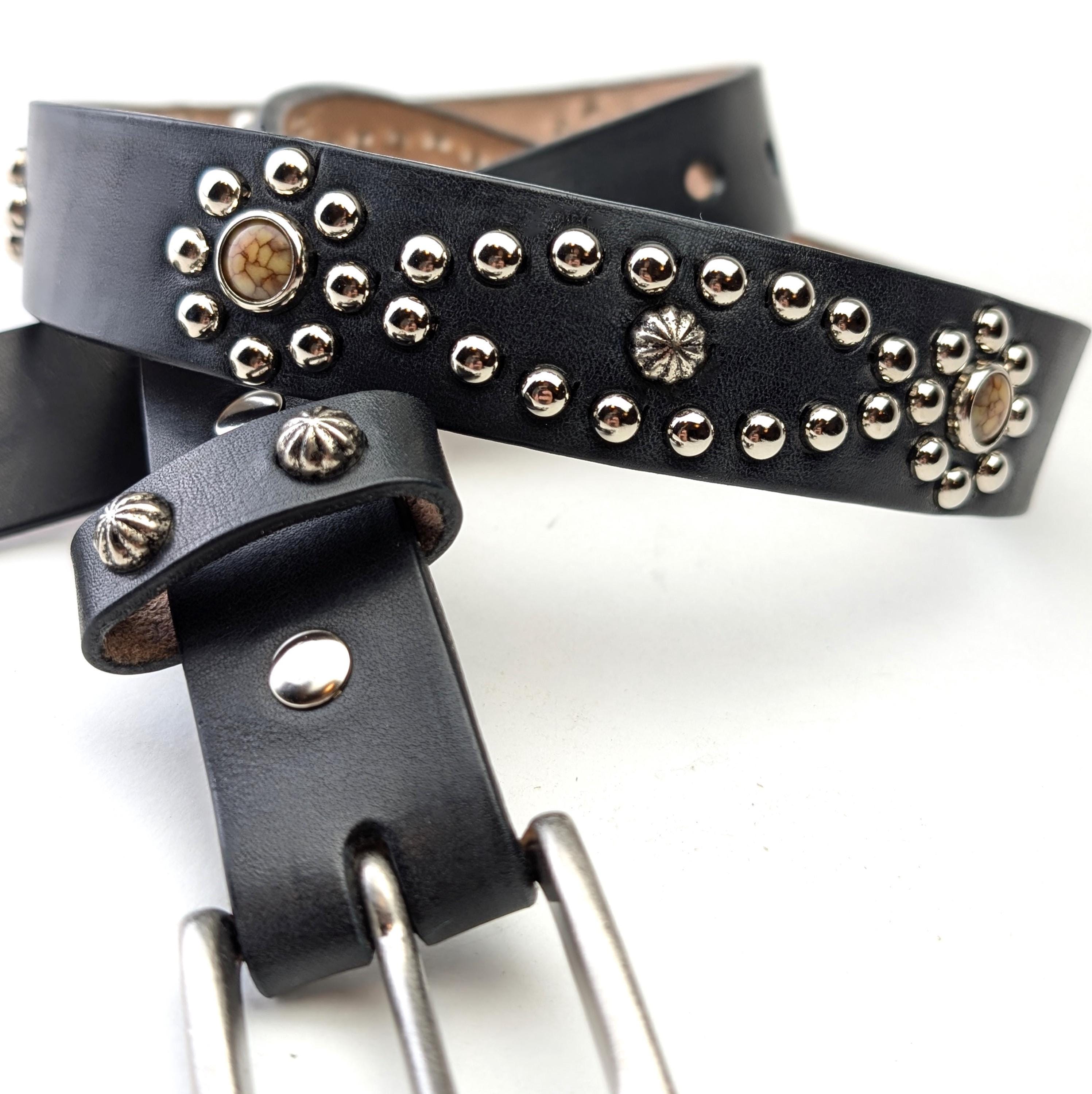 Handmade Black Leather Studded Belt 02 Western Style 30mm Custom