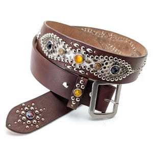 Handmade Studded Leather Western Belt Peanuts Style Dark Brown Python Inlay Biker Belt Made in Japan (All Duties Included)