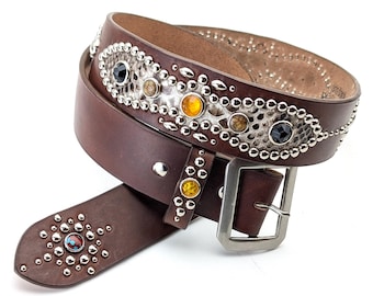 Handmade Studded Leather Western Belt Peanuts Style Dark  display picture 2