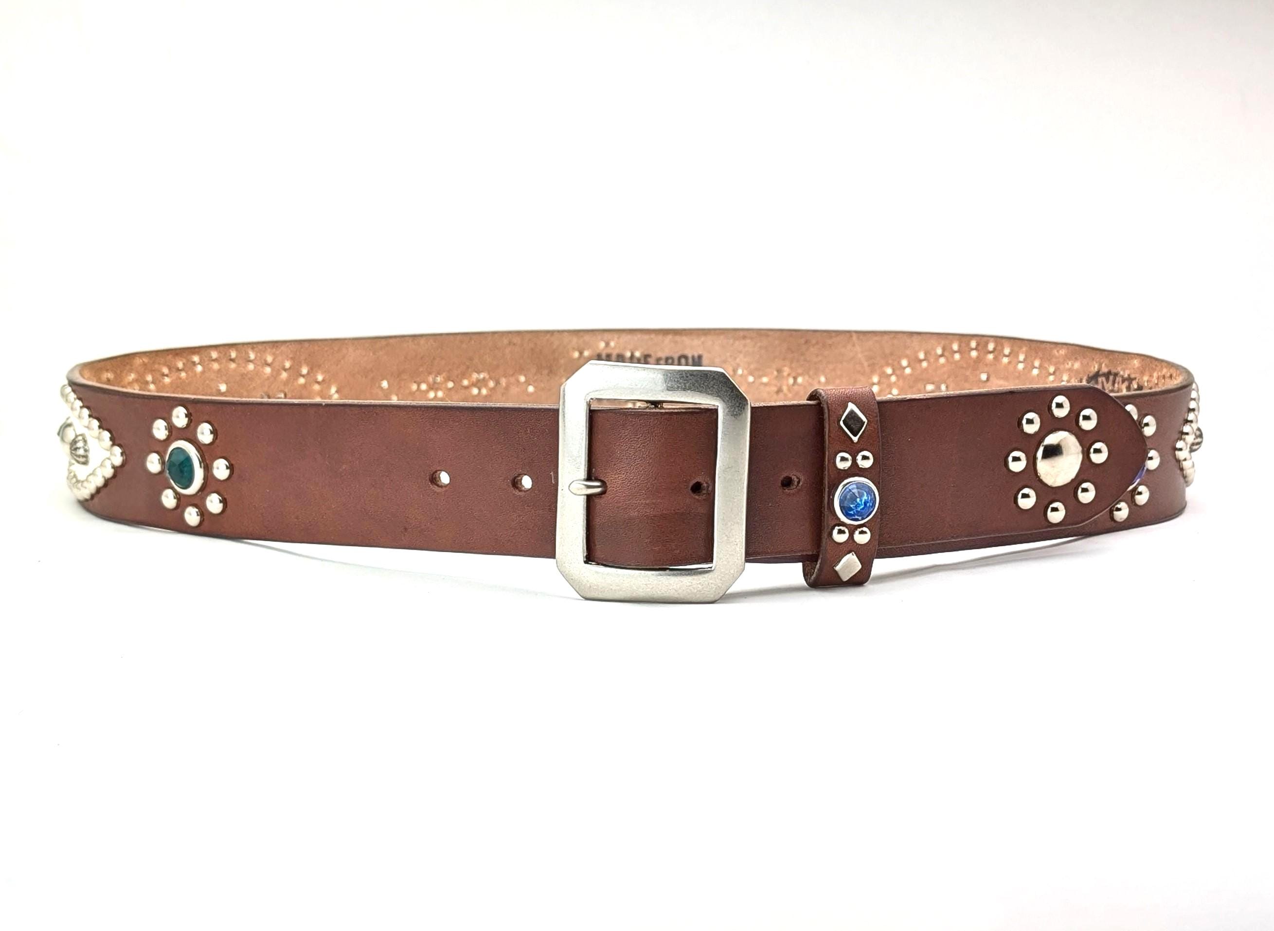 Dark Brown Studded Leather Belt, White Inlay Western Design